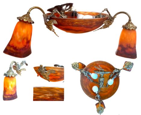 Signed Muller Freres Luneville Art Deco chandelier ceiling light fixture. Chandelier with wrought iron gilded frame with  dec