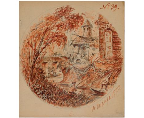 Circular view representing a "Town, canal and characters" and a pencil sketch with characters on the back, subject of a popul