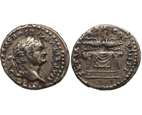  IMP TITVS CAES VESPASIAN AVG P M, laureate head to right / TR P IX IMP XV COS VIII P P, Throne of Jupiter: square seat, drap
