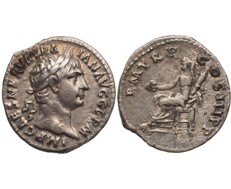 IMP CAES NERVA TRAIAN AVG GERM, Laureate head right/ P M T R P COS III P P, Concordia seated left on throne, holding patera a