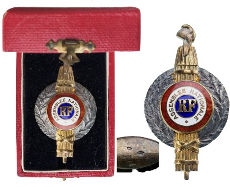 Breast Badge, 68x37 mm,  gilt Silver, hallmarked, maker's mark "AC", partially enameled, vertical pin on the back, in case of