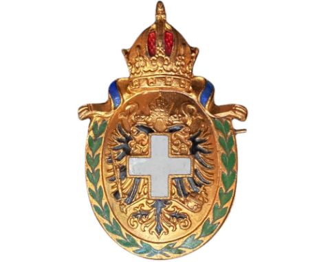 Breast Badge, 21x33 mm, gilt Metal, partially enameled, horizontal pin on the back. Superb and rare! I R!