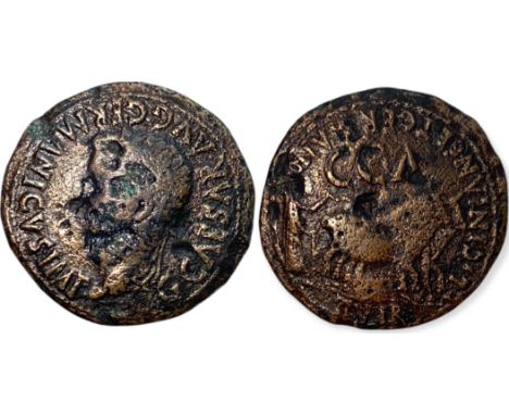  C. CAESAR AVG. GERMANICVS IMP. R, head of Caligula left/ LICINIANUS ET GERMANICO II VIR, priest plowing with team of oxen, C