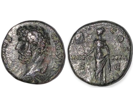 L AELIVS CAESAR, Bare head right/ TR POT COS II, Pannonia standing left, holding vexillum and hem of dress PANNONIA/ S C accr