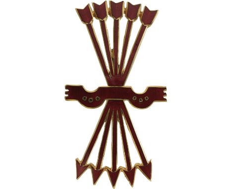 Breast Badge, 62x33 mm., gilt Silver, red enamel, depicting the fasces of arrows and the yoke, reverse pin. A superb quality 