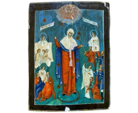 Polychrome rectangular icon on panel, on the subject of the Assumption of Mary: the mother of Christ escorted by the four arc