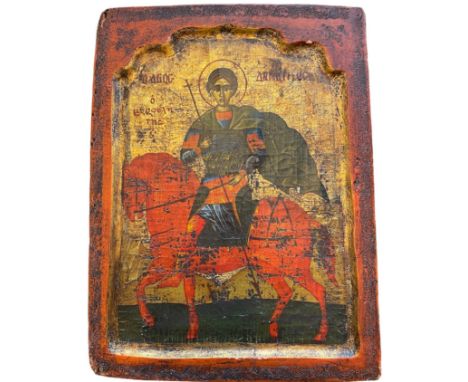 Polychrome rectangular icon, canvas mounted on panel about Saint Dimitri of Thesaloniki on his horse (Patron of the city of B
