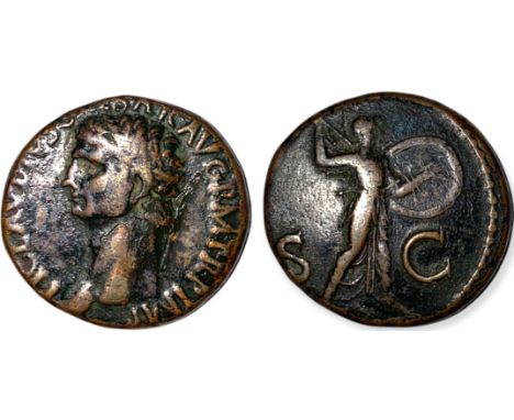 TI CLAVDIVS CAESAR AVG P M TR P IMP, bare head to left / Minerva standing facing, head to right, hurling javelin and holding 