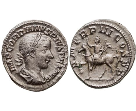 IMP GORDIANVS PIVS FEL AVG, laureate and draped bust right/ P M TR P III COS P P, horse and rider left. RIC 81. XF+