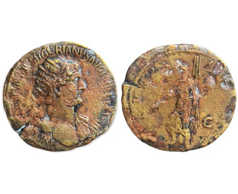 IMP CAESAR TRAIANVS HADRIANVS AVG P M TR P COS III; Radiate bust right, with slight drapery/ SALVS PVBLICA; Salus standing le