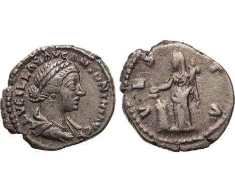 LVCILLAE AVG ANTONINI AVG F, draped bust right / VESTA, Vesta, veiled, sacrificing left from ladle over altar and holding Pal