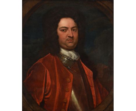 
	
		English School (17th century)
		Portrait of a gentleman in a red coat and armour 
		Oil on canvas, feigned oval 
		76 x 