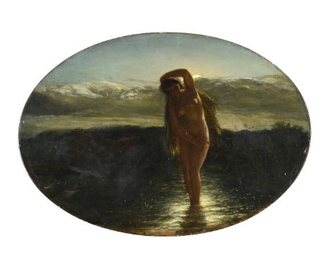 
	
		Paul Falconer Poole (British 1807-1879)
		The Bather
		Oil on panel, oval
		Indistinctly inscribed (to panel verso)
		43