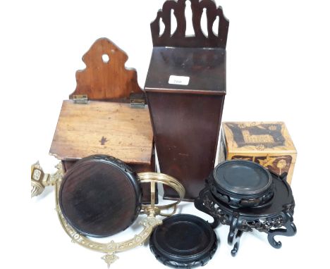 A mixed lot to include Georgian candle box and salt box, eastern wooden stands, pokerwork box and a brass wall lantern mount.