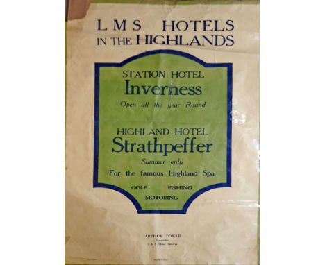 A vintage railway poster 'LMS Hotels in the Highlands Station Hotel Inverness... Highland Hotel Strathpeffer... Golf Fishing 