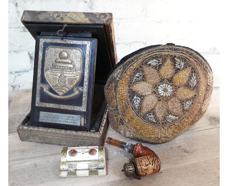 A mixed lot to include a gilt thread tea cosy, a vintage pipe, a bone casket and a Turkish(?) presentation plaque in box. 