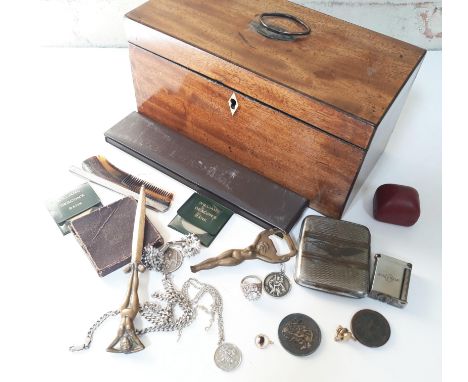 A 19th Century box and contents including a cigarette case with RAF insignia, an 1890 crown, various silver and other jewelle