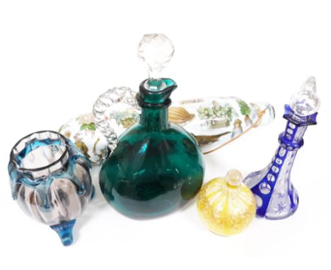 Five pieces of glass to include a Victorian Decalcomania rolling pin, Bohemian scent bottle and another, vase and a decanter.