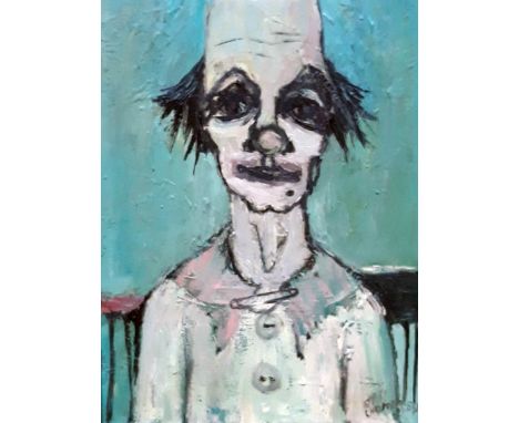 Jose Christopherson (b1914), mid length portrait of a clown, oil on board, signed, 35cm x 25cm, framed 50cm x 39cm.  