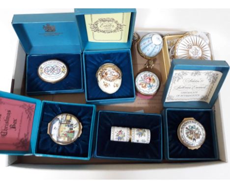 Six modern Bilston enamel pill boxes and two others similar.  