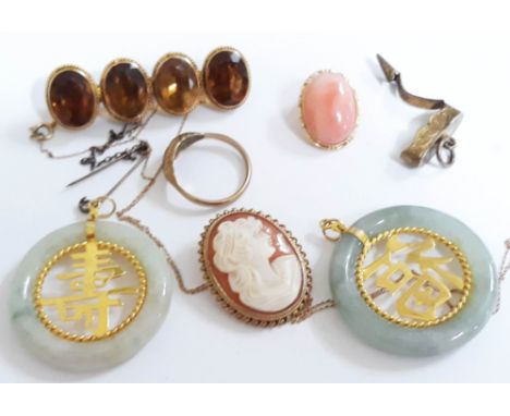 A mixed lot of 9ct gold and yellow metal comprising a pair of Chinese jade earrings unmarked, a hallmarked 9ct gold cameo bro