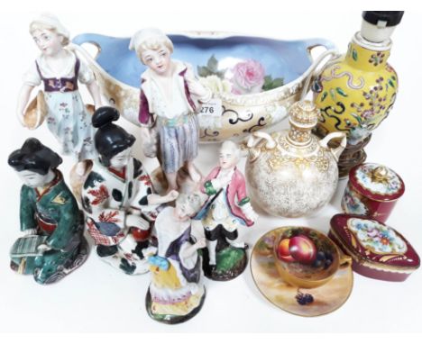 A mixed lot of porcelain to include a pair of japanese figures, four continental figures, Crown Derby twin handled vase with 