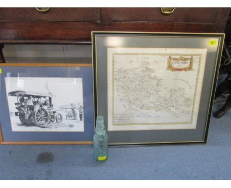 A Robert Morden  map of Berkshire, a print of a traction engine and an R White green ball stopper bottle 