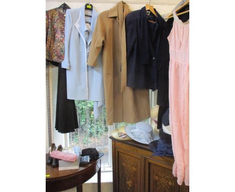 A Tom Bowker light blue ladies formal outfit with matching hat, with other assorted clothing, hats, shoes and evening bags