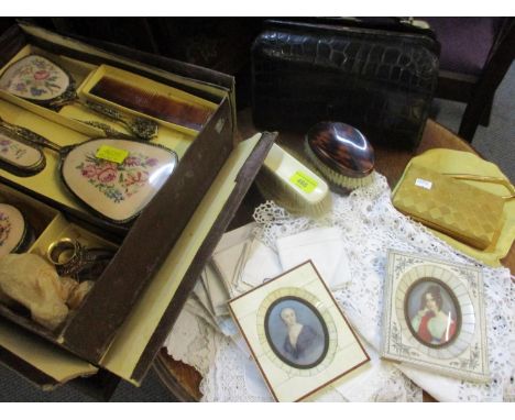 A French Bagcroft crocodile handbag, a small quantity of vintage lace, a dressing table set, a gilt evening bat, two miniatur