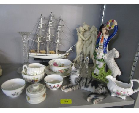 Mixed lot to include a composition statuette of The Three Graces, model of a three mast ship and various ceramics 