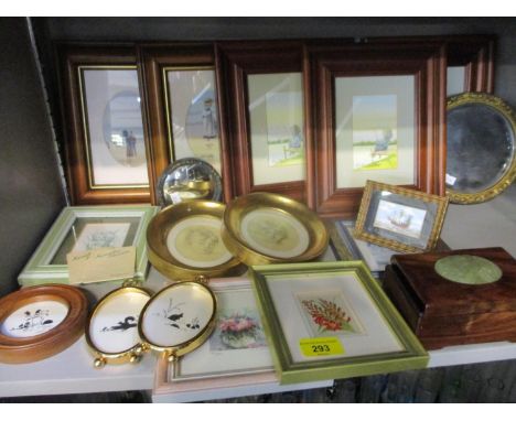 A quantity of modern prints, two small mirrors, modern watercolours, a trinket box with inset jade motif 