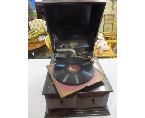 A Selecta wind up table gramophone with needle tin and records 