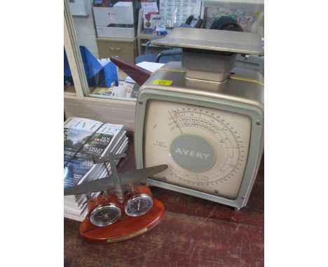 A set of Avery scales together with a 70th Anniversary Avro Lancaster active service desk set 