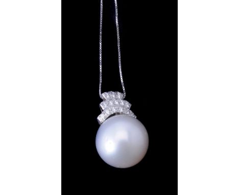 A South Sea cultured pearl and diamond pendant, the cultured pearl measuring approximately 17mm diameter, with a brilliant cu