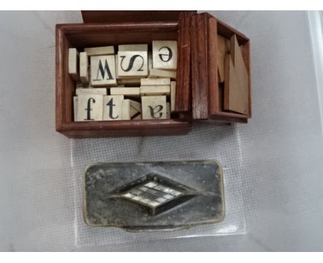 A horn snuff box, Victorian bone 'spelling alphabet'; together with a Tunbridgeware puzzle box