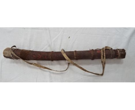 A wood and leather-bound quiver containing three bone arrows and a whittle stick, possibly New Zealand