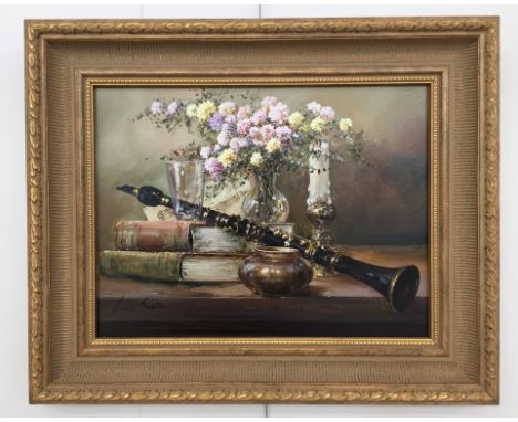 Lucia Sarto (b. 1950): Still life with clarinet & sheet music, oil on board, signed 