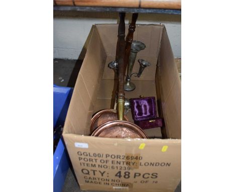 Two copper warming stands, a candlestick and an EPNS christening cup