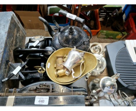 A mixed lot comprising a bakelite GPO telephone, a set of cast metal and brass scales, a cast iron kettle and a silver plated