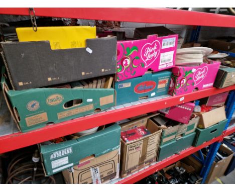14 boxes of misc items including tools, books, stamps, metalware, dvds, sound system, kitchenalia, handbags etc 