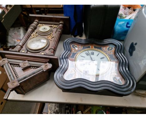 A wall clock and a French (Caen) clock with case. inlaid with mother of pearl 