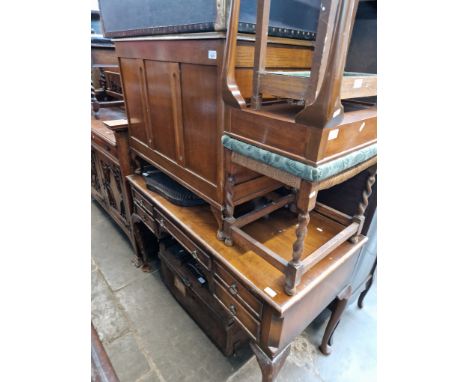 Various items of furniture; a mahogany desk/dressing table, oak blanket box, piano stool, stick stand, tin trunk, oak twist l