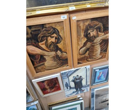 Robert Lee (British 20th/21st century), four original works comprising pair of portraits of a potter, oil on canvas, a portra