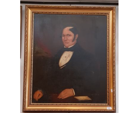 Late 19th/early 20th century school, portrait of a man, oil on canvas mounted on board, 62.5cm x 75.5cm, unsigned, later gilt