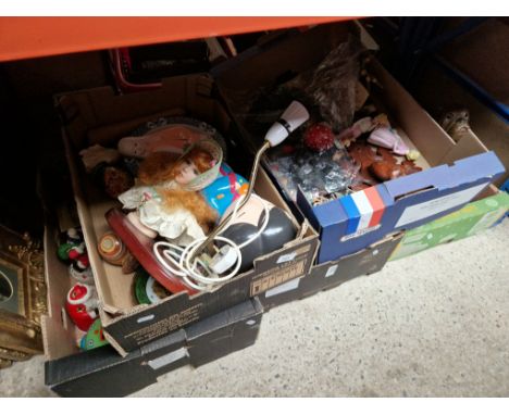 5 boxes of assorted ceramics, glass, ornaments &amp; collectables to include lamps, clocks, wall plaques and russian dolls et