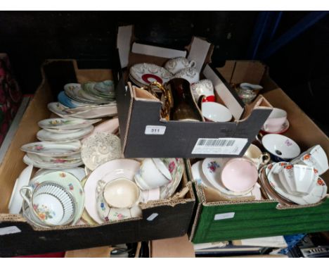 Three boxes of mixed tea wares including Shelley, Crown Devon, Crown Royal, Winston, Delphine, Foley, Royal Standard etc