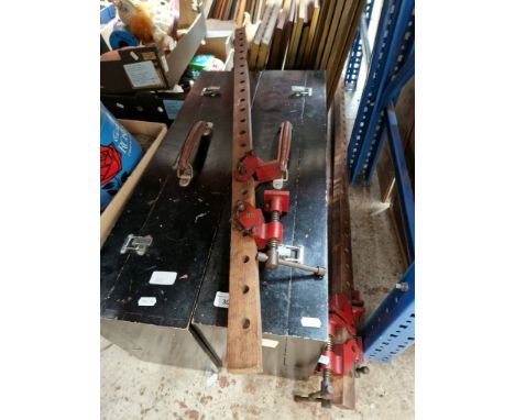 Two joiner's tool boxes and four sash clamps. 