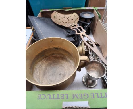 A box of metalware including kitchen scales with brass bell weights, pair of brass candlesticks, brass ware, plated cutlery, 