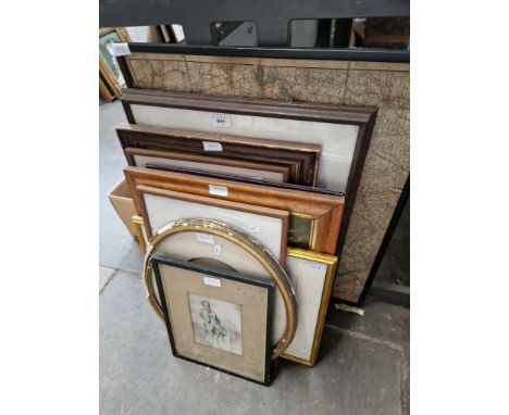 Various pictures and prints including framed maps, pen and ink drawing, pencil portrait, needlework picture, etc. 
