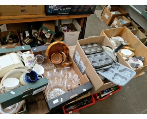 Four boxes of mainly pottery and glass, also including some treen and kitchenalia, goebel figure 